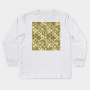 Teal and Gold Vintage Art Deco Scallop Shell Pattern Kids Long Sleeve T-Shirt